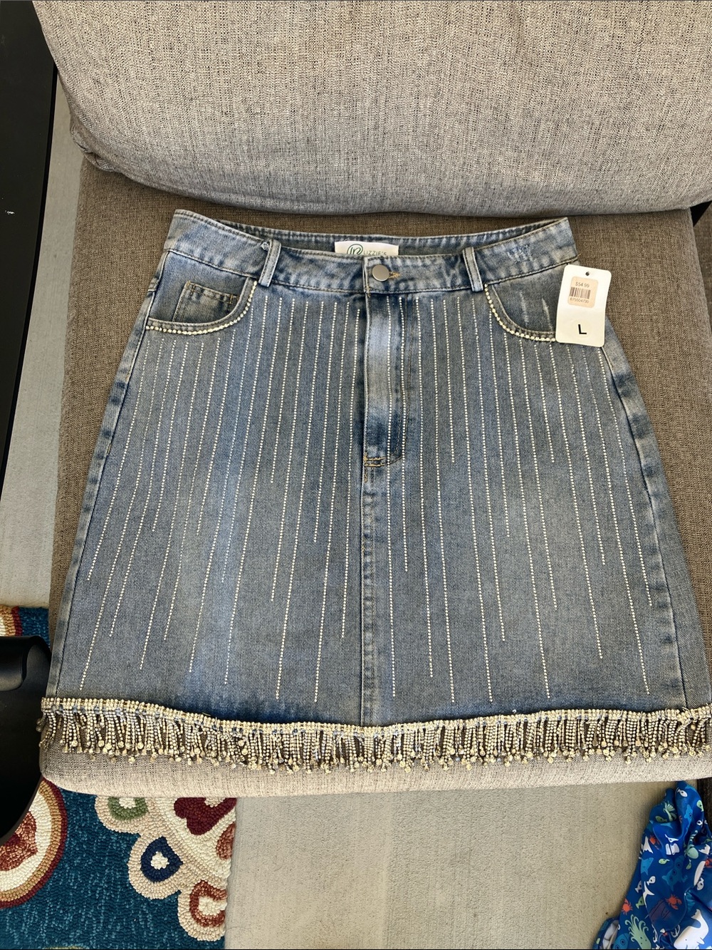 Beaded Fringe Light Blue Denim A-Line Skirt